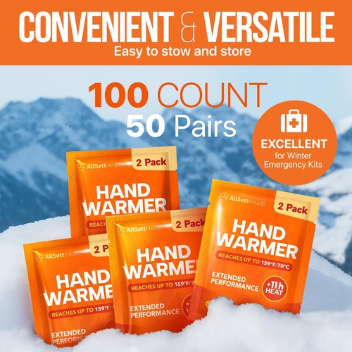 Hand Warmers Disposable Pack 50 Pairs (100 Warmers) 11+ Hour Air-Activated Hot Hands Hand Warmers Bulk - TSA Approved Pocket & Glove Warmers for Skiing