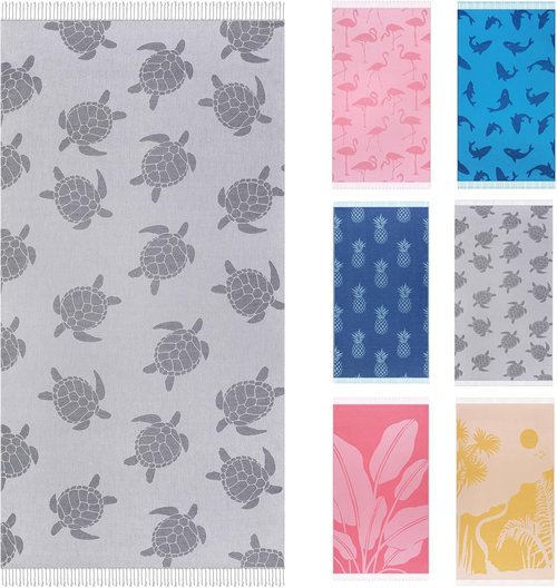 Genovega Oversized Cotton Beach Towel - Lightweight, Quick-Dry, Sandless | 72"x36", Grey Turtle Design