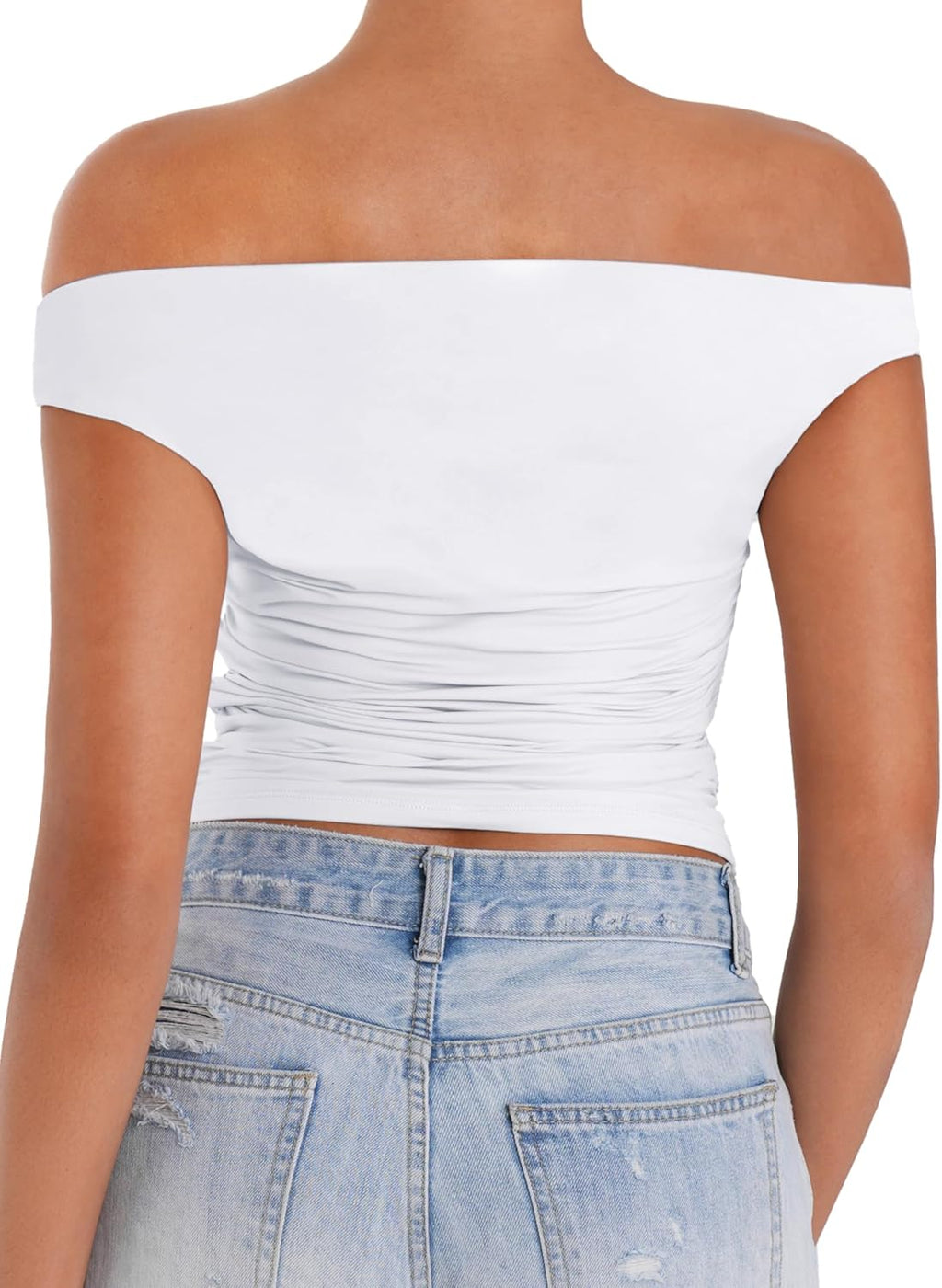 Sunzel Off Shoulder Crop Top - Y2K Trendy Sleeveless Tank Shirt with Asymmetrical Neckline & Ruched Detail