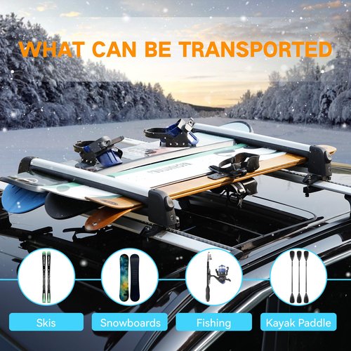 Ski& Snowboard Roof Racks, Ski Roof Racks with Anti-Theft Lock Racks Carrier for Snowboards Universal Ski Top Holder Fits for Square/Aero/Oval Cross Bars, Silver, Large