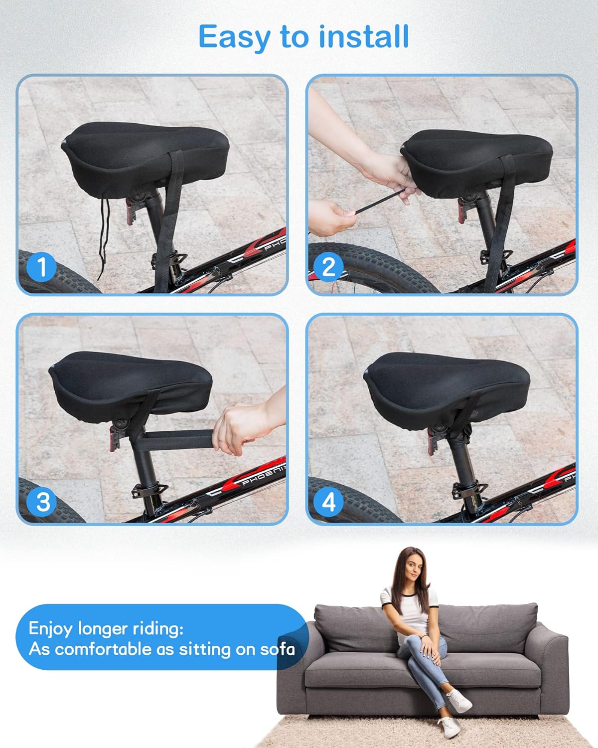 Skiennix Bike Seat Cushion - Gel Cover for Ultimate Comfort | Fits All Bikes (11x10 Inch)