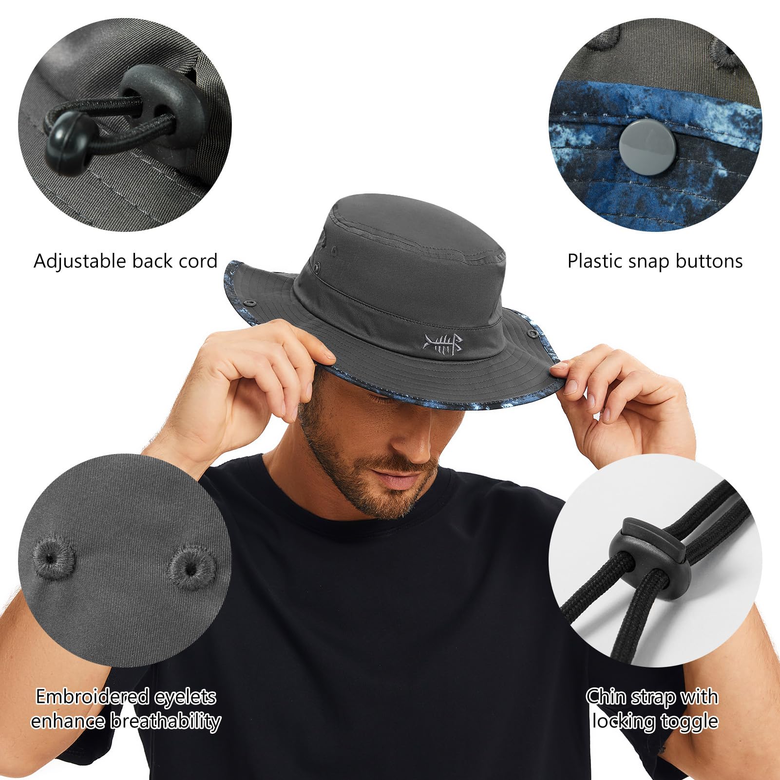 BASSDASH UPF 50+ Patterned Under Brim Foldable Lightweight Bucket Sun Hats for Fishing Hiking Safari Men Women FH18