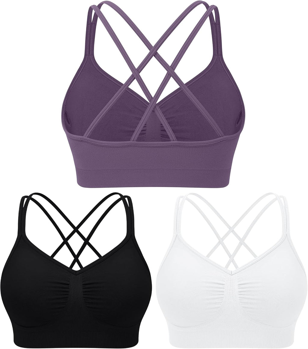 WANAYOU Sports Bras - Padded Medium Support Strappy Cross Back Workout Bra | 3 Pack for Yoga & Gym