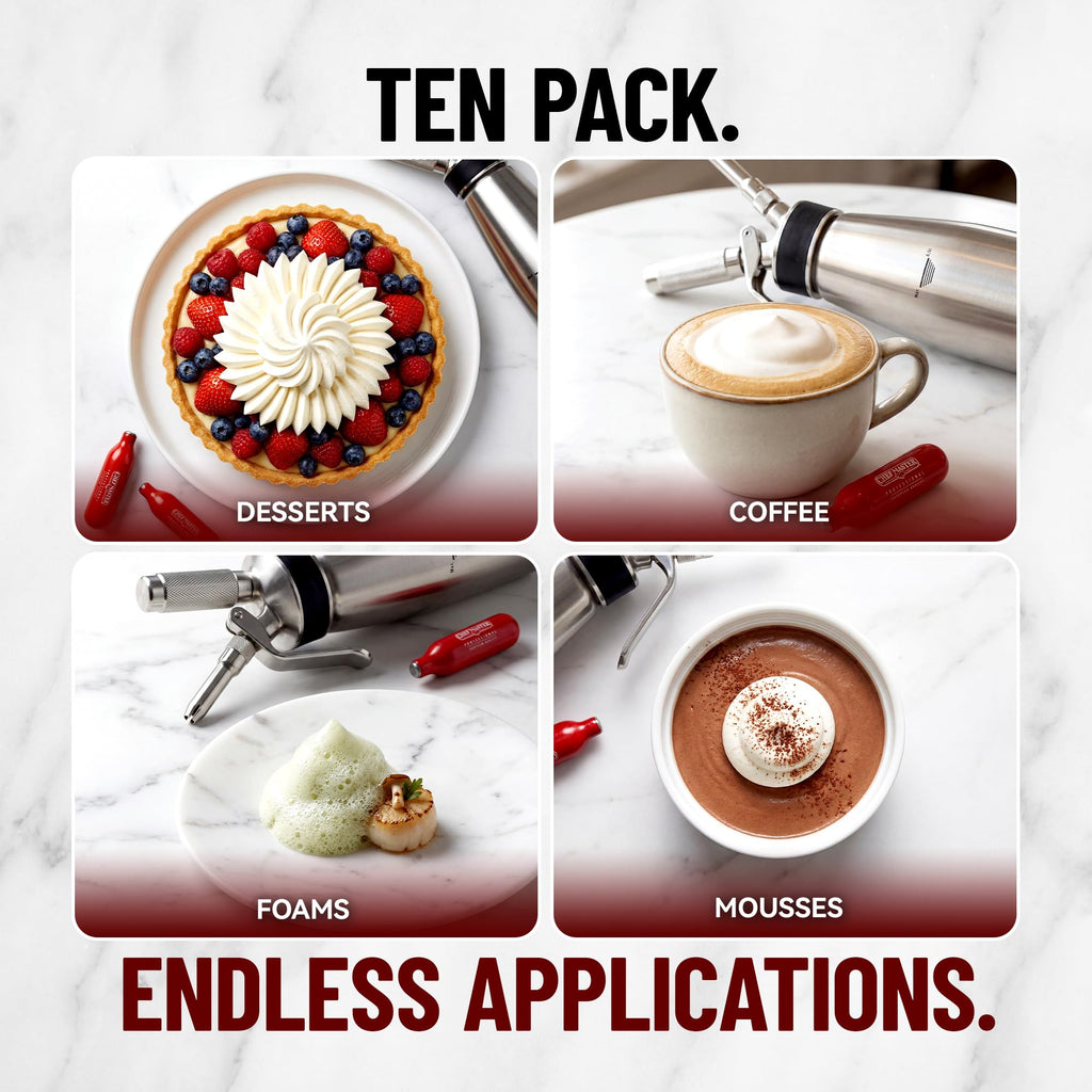 Chef Master 10 Pack N20 Whipped Cream Chargers - 8g Professional Nitrous Oxide Cartridges - Premium Whip Cream Charger Cartridge - Made in EU - Food-Safe Steel & Universal Fit for Dispensers - 90060