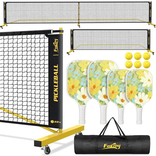 Fostoy Portable Pickleball Net with Wheels, Pickleball Set with 4 Fiberglass Paddles & 6 Pickleballs, Carry Bag, for Backyards Driveways and Garages (22ft & 11ft Net with 4 Fiberglass Paddles)