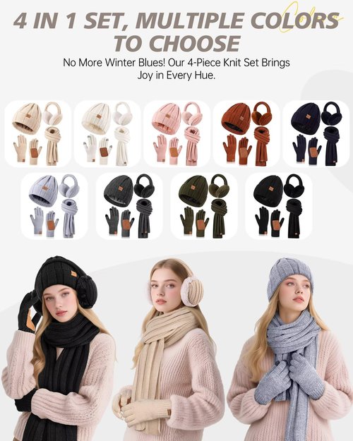 Winter Hat Gloves Scarf Earmuffs Set for Women, Fleece Lined Beanie Long Knit Neck Scarf Touchscreen Gloves Adjustable Ear Warmer, 4 in 1 Fashionable Warm Gift Set for Cold Weather-01