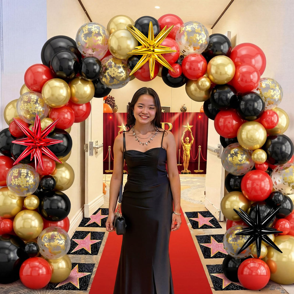 Tiamon 108 Pcs VIP Theme Party Decorations - Red Carpet with VIP Photo Backdrop Star Stickers Red Gold Black Balloons Markers for Movie Night Themed Prom Birthday Party Decorations