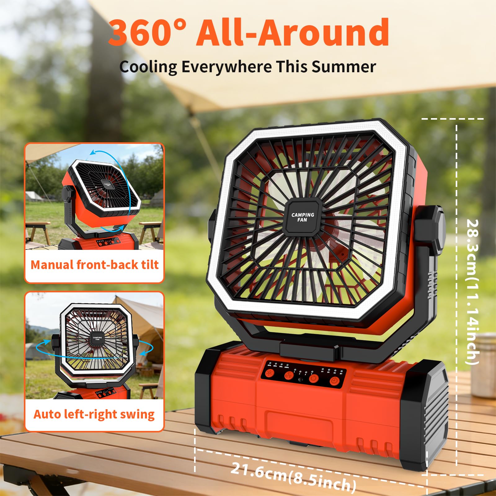 Super RGB 20000mAh Portable Camping Fans,Rechargeable Battery-Operated Oscillating Tent Fan with 4-Speeds,LED Light & Remote 360° Rotating Hook for Home,Outdoor and RV Travel in Summer Orange