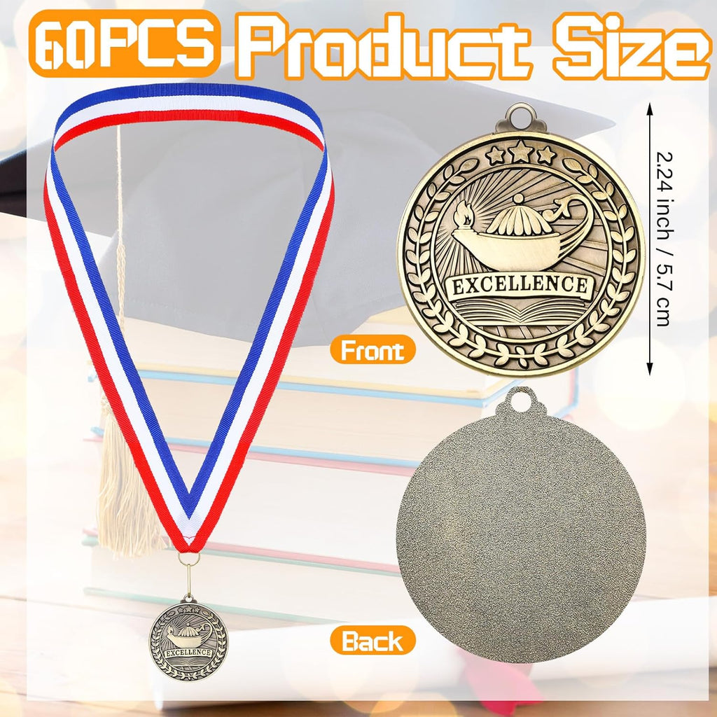 Quelay Gold Award Medals - 60 Pcs 2 Inch Winner Medals with Neck Ribbons for Competitions & Events