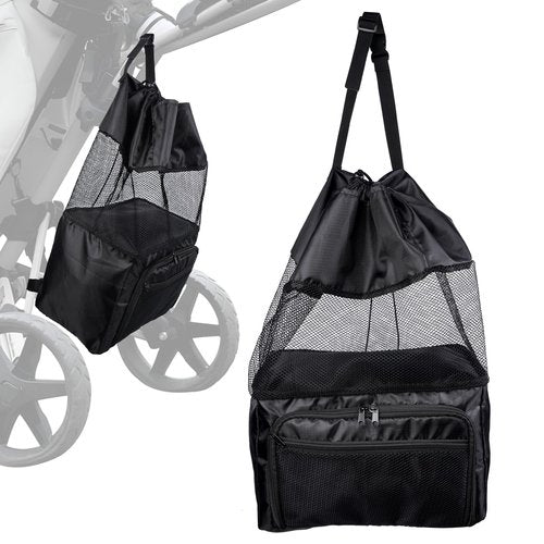 T TGBROS Universal Golf Push Cart Accessories - Expandable Mesh Storage Bag with Zippered Pockets, Backside Extension Net Organizer for Push-Pull Golf Carts (Black)