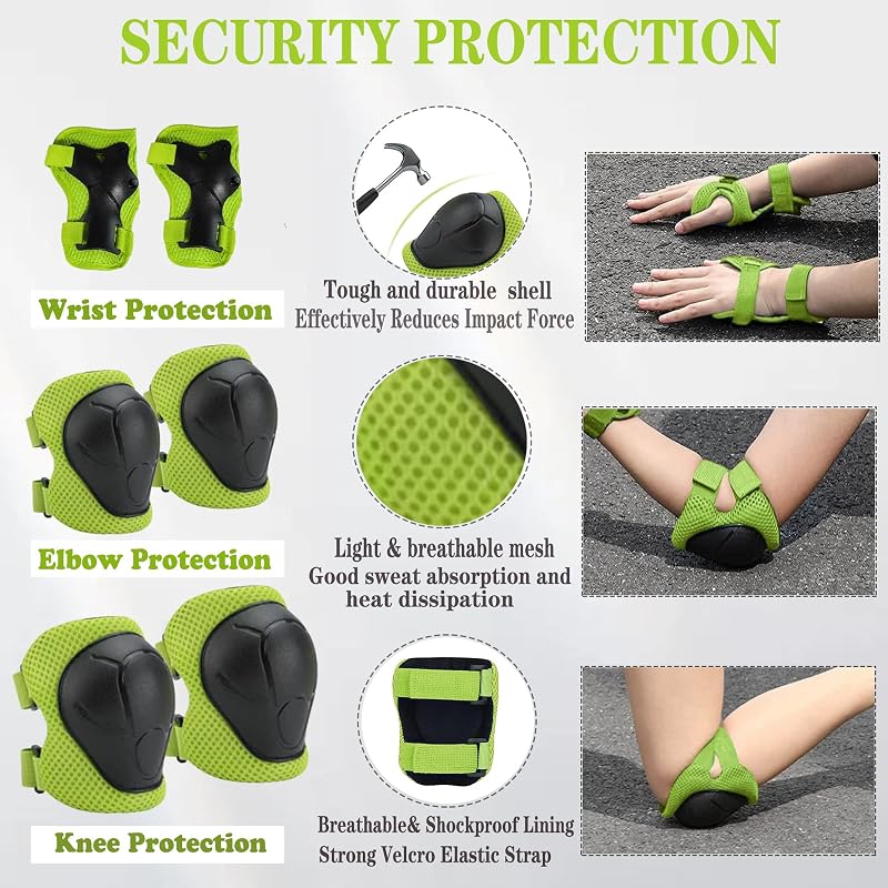 Kids Adjustable Helmet with Knee Elbow Pads & Wrist Guards - Green, Medium (20.47"-22.83" head) for Ages 8-14 - FOOKCIAN