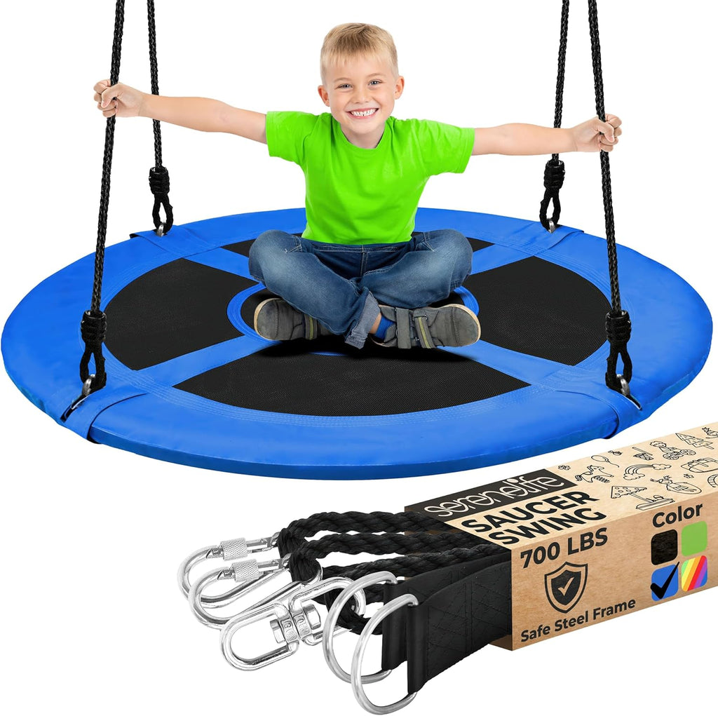 SereneLife Outdoor Tree Swing - 40” Saucer Swing with Adjustable Ropes & Center Swivel Spinner (Blue)