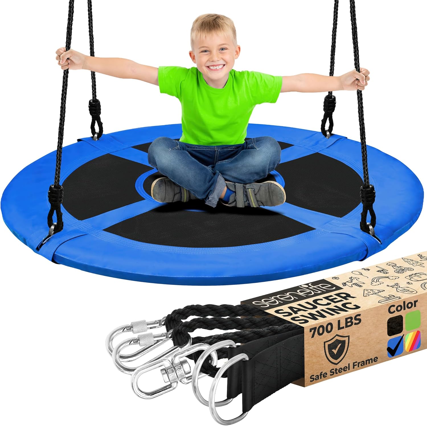 SereneLife Outdoor Tree Swing - 40” Saucer Swing with Adjustable Ropes & Center Swivel Spinner (Blue)