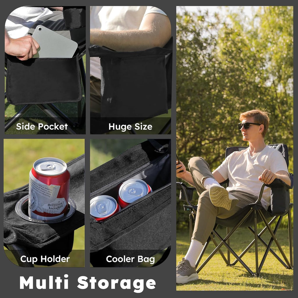 Skiennix Oversized Camping Chairs 2 Pack - Heavy Duty 450lbs Support | Portable Folding Chairs with Carry Bag, Cooler & Cup Holder - Black