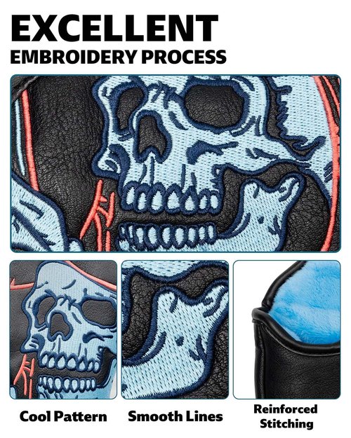 Golf Club Head Covers,1pc Skull Skeleton Hybrid Golf Headcovers for Woods, PU Leather with Advanced Embroidery for Most Brands-Black