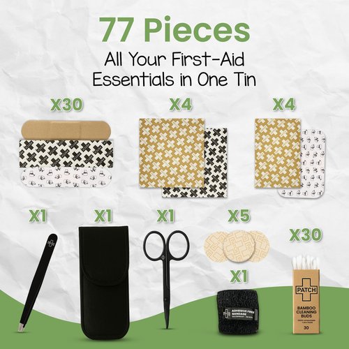 Patch Eco First Aid Kit, Assorted Hypoallergenic Adhesive Sizes Large and Small Bandages for Sensitive Skin, Essential Medical Supplies in a Reusable Tin, Latex Free, Sensitive Skin Bandages, 77 ct