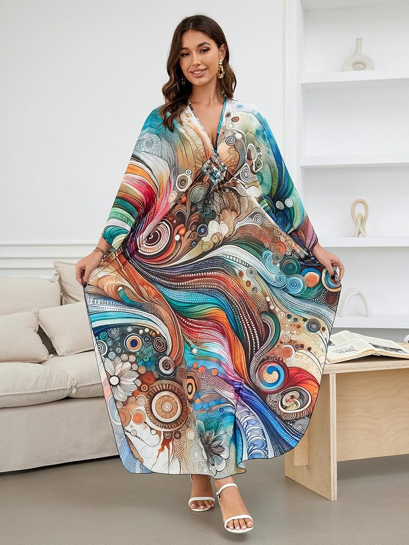 Batwing Sleeve Kaftan Dress for Women Plus Size - Abstract Pattern Beach Cover Up