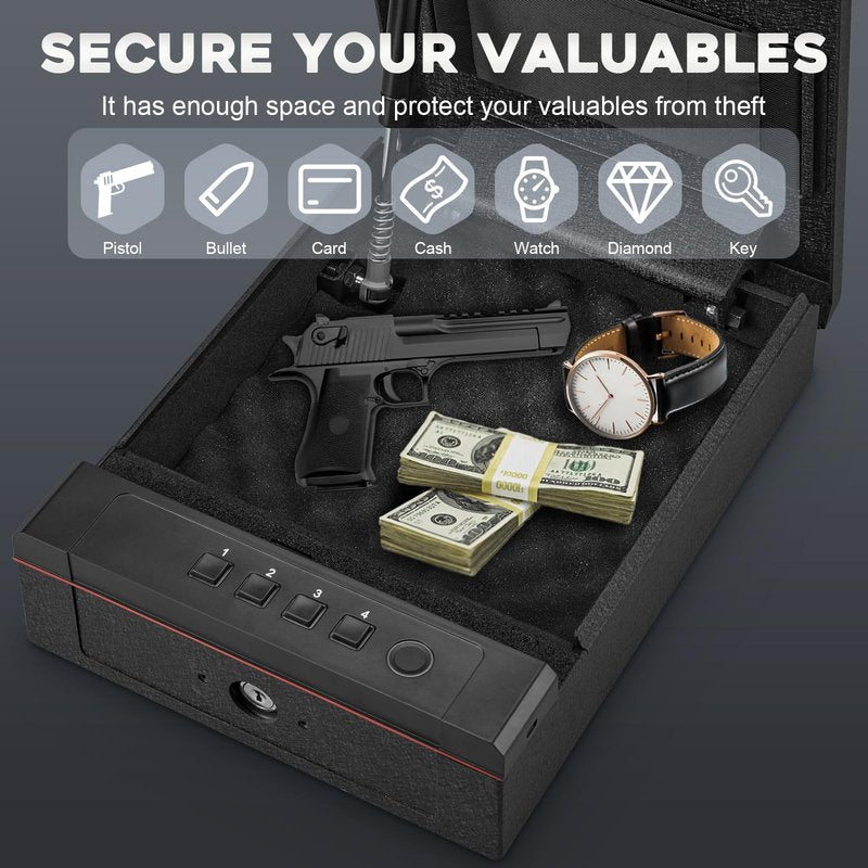 Domenow Biometric Fingerprint Gun Safe, Three Ways Quick Access Gun Lock Box for Pistols with Keys, Key Pad, USB-C Port and LED Light, Bedside Gun Safe for Home, Nightstand and Desk