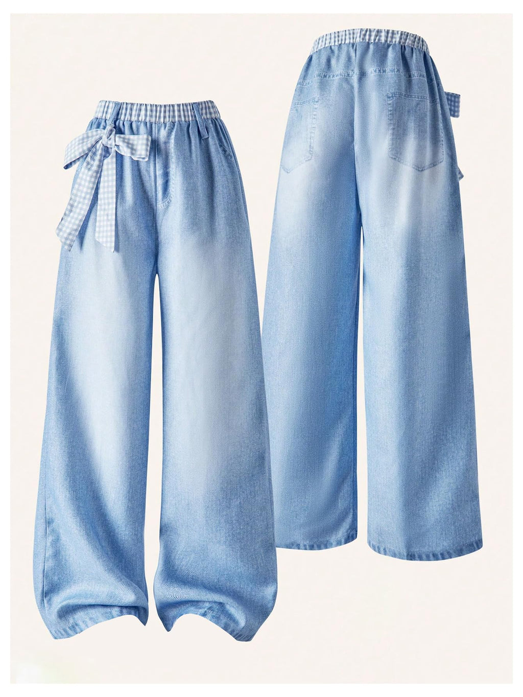 OYOANGLE Girl's Elastic Waist Baggy Pants Cute Bow Loose Wide Leg Palazzo Trousers Blue 8Y