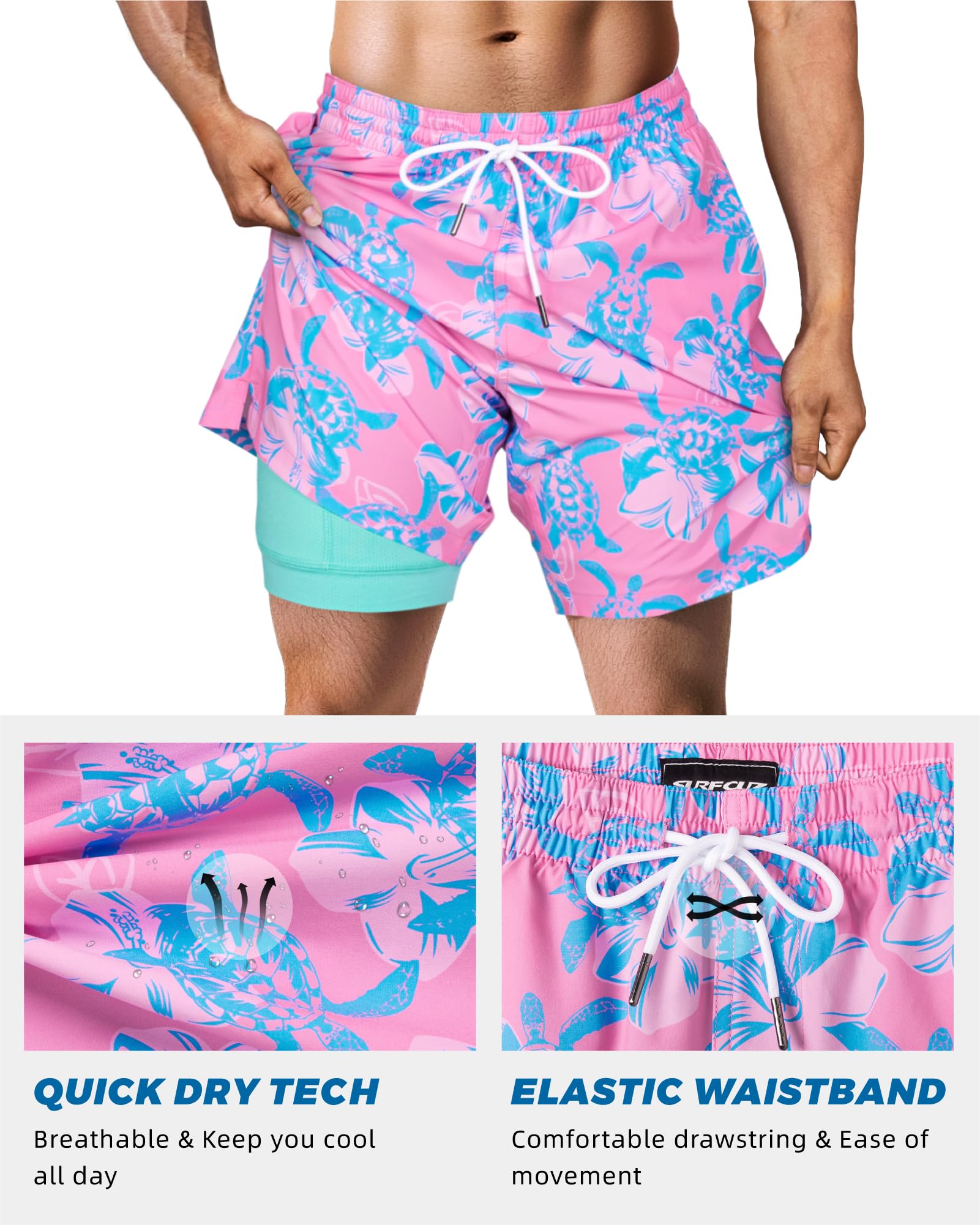SURF CUZ Mens Swim Trunks with Compression Liner Quick Dry Swim Shorts 7" Swimming Trunks Stretch Zipper Pockets Pink Blue Turtles Large