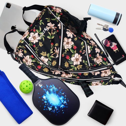 ZOEA Adjustable Pickleball Bag with Water Bottle Holder - Pickleball Paddle Backpack for Men and Women (Flower White)