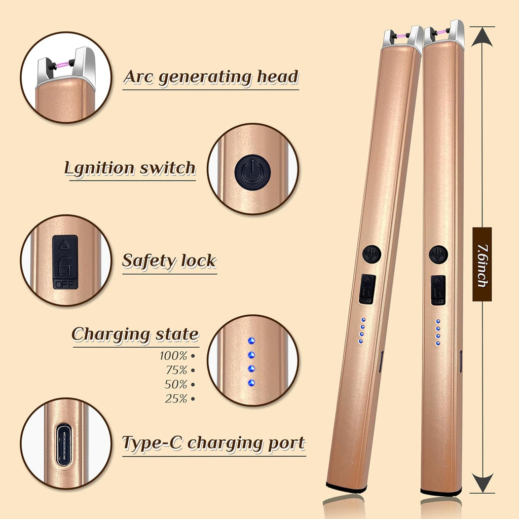 Skiennix Electric Candle Lighter - Windproof Flameless USB Rechargeable with LED Display | Champagne Gold, 2 PCS