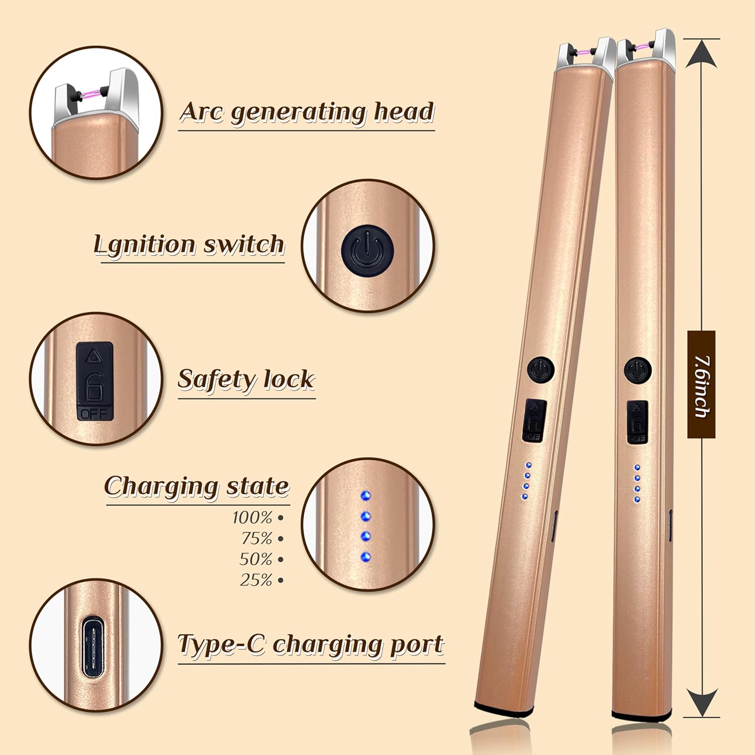 Skiennix Electric Candle Lighter - Windproof Flameless USB Rechargeable with LED Display | Champagne Gold, 2 PCS