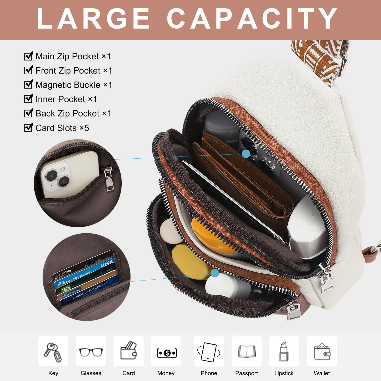 CLUCI Small Sling Bag for Women, Vegan Leather Fanny Pack Crossbody Bags for Women, Chest Bag With Guitar Strap
