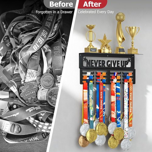 Jolitac Sports Medal Display Rack - Wall Mounted Holder for 60+ Medals & 20 Race Bibs | Durable Design
