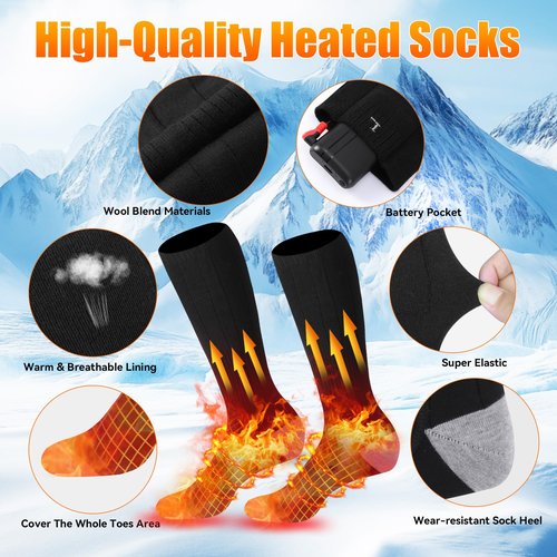 Rasfalo Heated Socks for Men Women, Rechargeable Heated Socks with 4000mAh Battery 3 Heating Levels, Electric Socks Thermal Foot Warmer Socks for Winter Outdoor Sports, Camping, Hunting Black & Gray