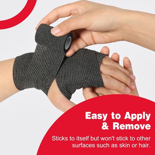 AZEN Self-Adhesive Bandage Wrap - 8 Pack, 2" X 5 Yards, Elastic Cohesive Tape in Black for Athletic Use | Vet & Tattoo Grip