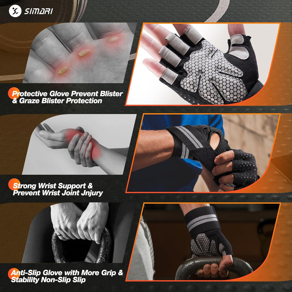 SIMARI Workout Gloves - Breathable Padded Weight Lifting Gloves with Wrist Wraps | Full Palm Protection, Fingerless Black