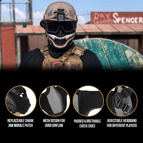 OneTigris Tactical OTG Goggles Over Glasses and X Storm Airsoft Mask Foldable Mesh Mask with Removable Shark Jaw Morale Patch