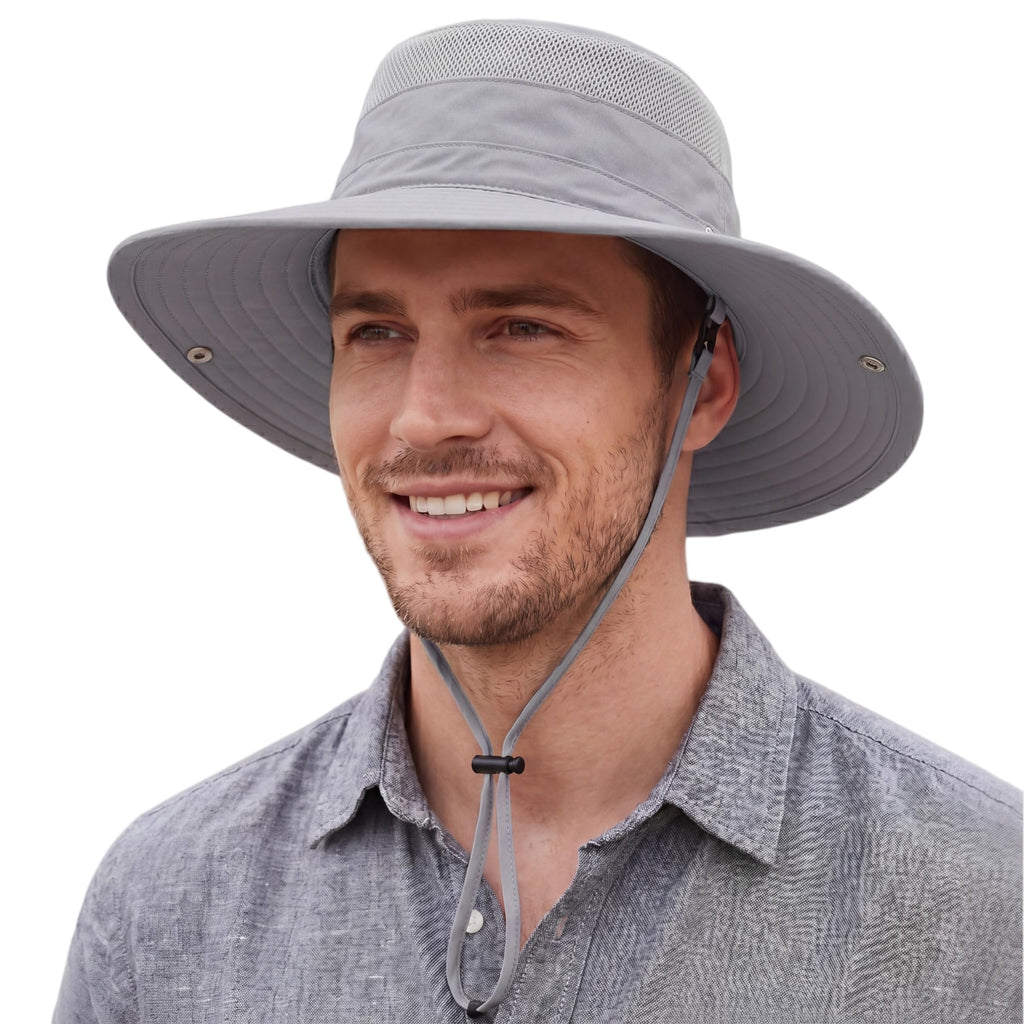 Connectyle UPF 50+ Fishing Sun Hat for Men Women Outdoor Adjustable Safari Sun Hats Summer Beach Cowboy Bucket Hat Light Grey