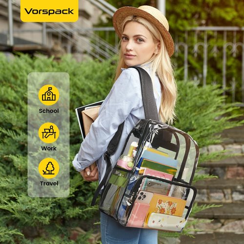 Vorspack Clear Backpack Heavy Duty - Extra Large Clear Bookbag Transparent See Through Backpacks for College Work Travel - Black