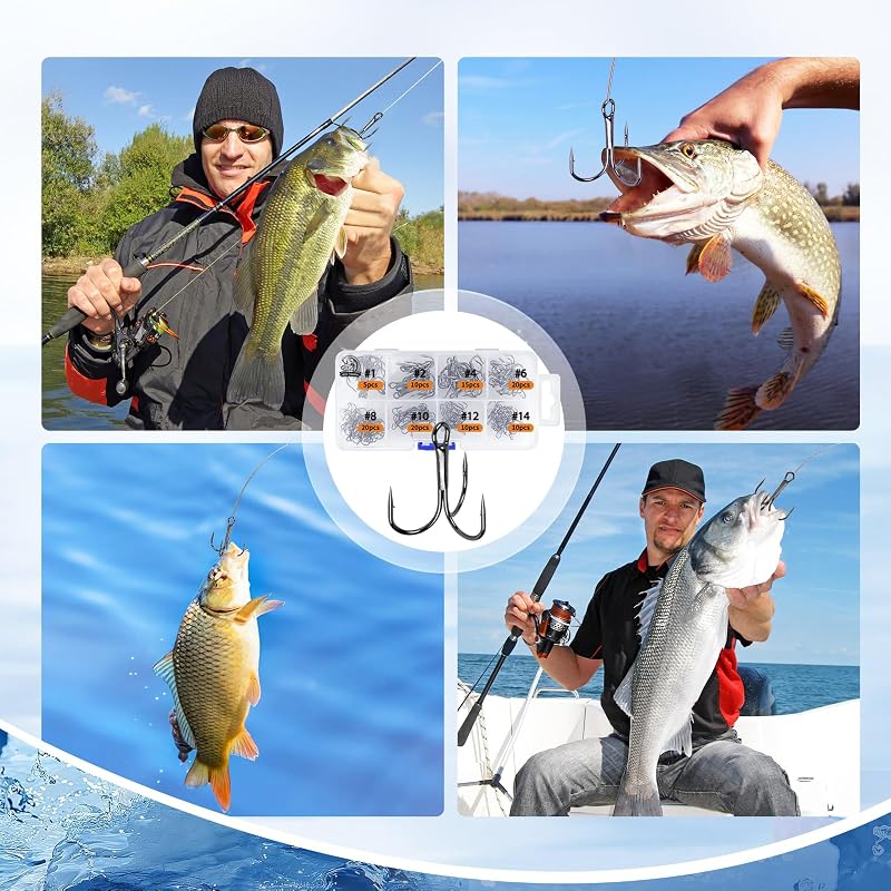 Treble Fishing Hooks Set 110pcs 8 Sizes Assorted for Saltwater & Freshwater Angling