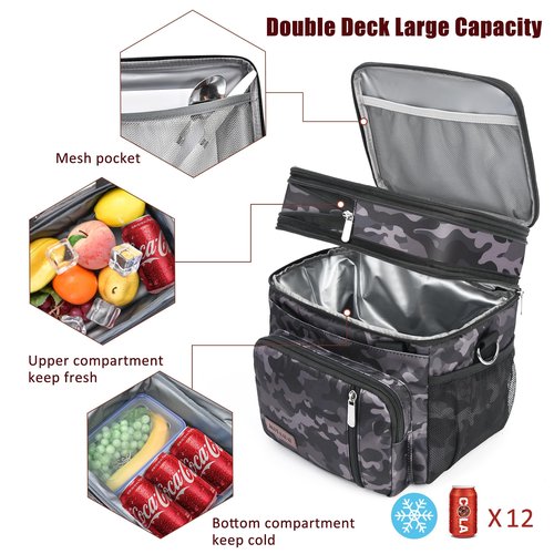 MIYCOO Lunch Bag & Lunch Box for Men Women, Double Deck Leakproof Insulated Soft Large Adult Camping Cooler bag for Work, Beach, Picnic, Travel (Black Camo, 15L)