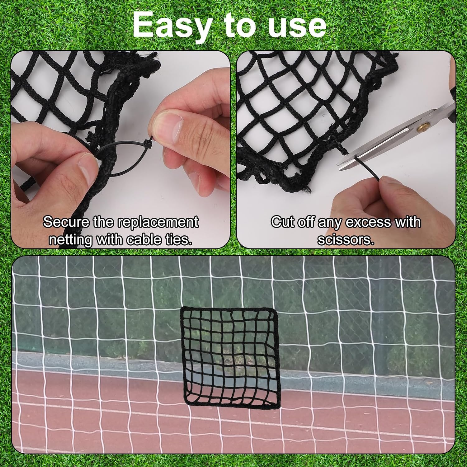 Penitue Universal Sports Net Repair Kit - 6 Pack with 100 Nylon Zip Ties & 20x20cm Hole Patches (Black)