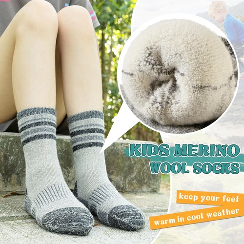 SeeyAN Kids Merino Wool Hiking Socks Boys Girls Thermal Winter Warm Boot Toddlers Thick Cushion Socks 4 Pairs (4 Pairs Grey Stripe A, 4-7 Years)