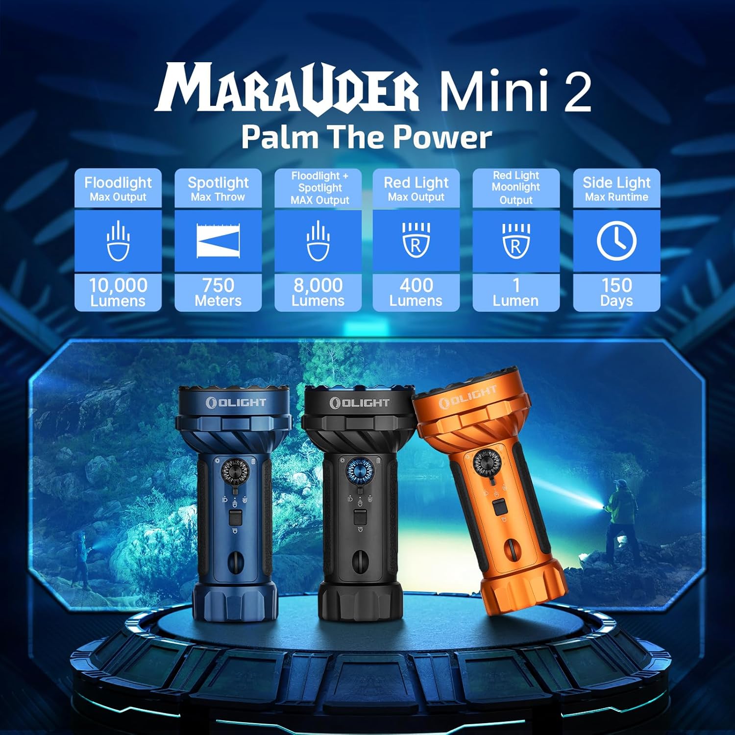 OLIGHT Marauder Mini 2 Bright Flashlight - 10,000 Lumen Rechargeable Light with 750m Beam Distance & 5 Modes | Midnight Blue