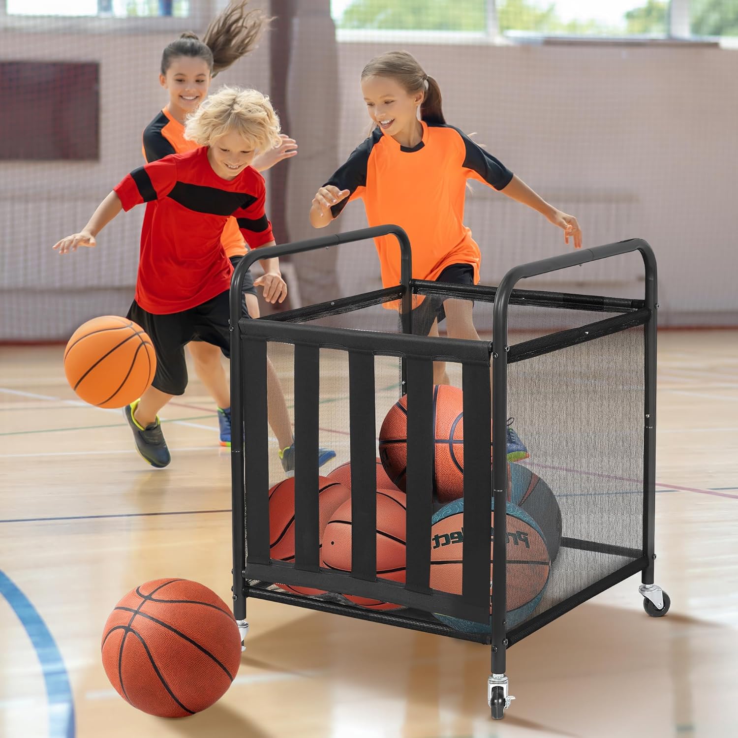 STO STO Rolling Sports Ball Storage Cart - Lockable Basketball Cage & Organizer | Steel Rack for Indoor/Outdoor Use, Black