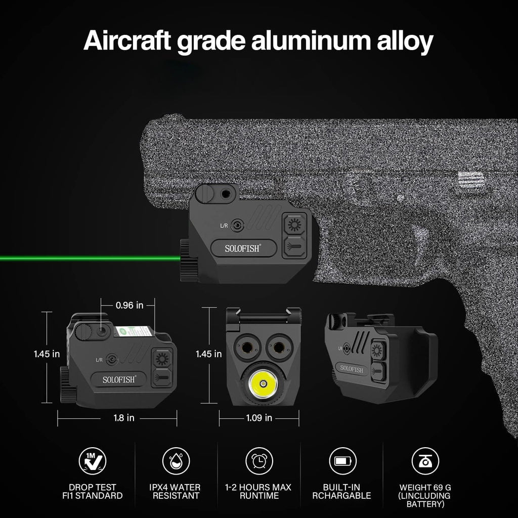 SOLOFISH Pistol Light - 500lm Rechargeable Aluminum Weapon Light with Purple/IR/Green Beam Combo