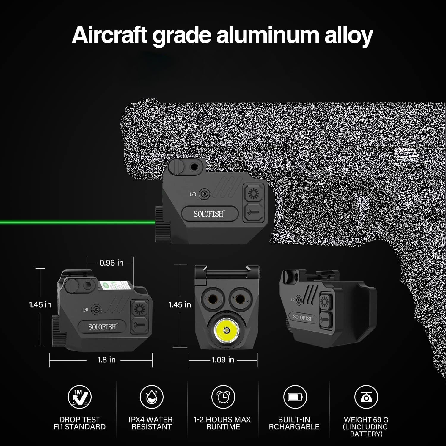 SOLOFISH Pistol Light - 500lm Rechargeable Aluminum Weapon Light with Purple/IR/Green Beam Combo