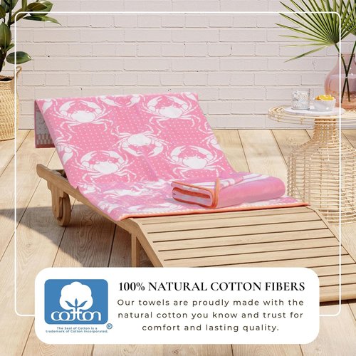 Great Bay Home 100% Cotton Beach Towels - Absorbent Quick-Dry 30 x 60" Pool Towels | Pink/White Crabs & Stripes