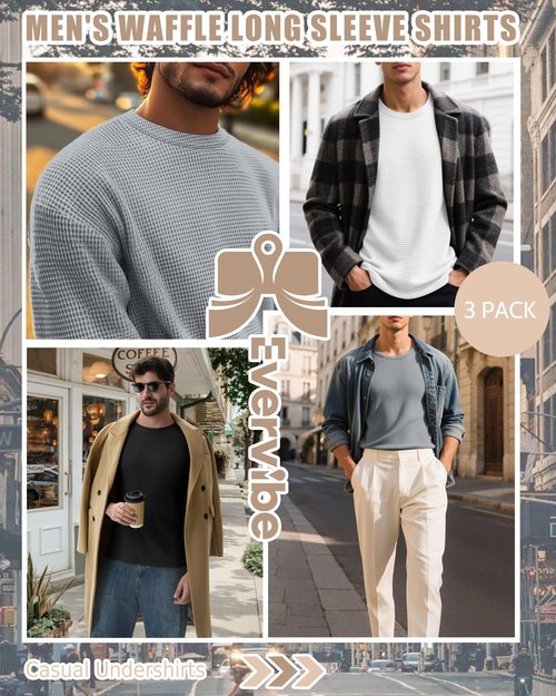 Evervibe 3 Pack Men's Big and Tall Long Sleeve Shirts, Waffle Crew Neck Thermal Underwear Tops Lightweight Casual Undershirts(Black, White, Gray,3X-Large)