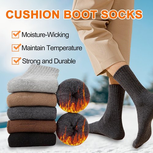 Josnown Mens Wool Hiking Socks 5 Pairs Thick Warm Winter Socks Thermal Cozy Cushion Boot Socks for Cold Weather, Size 7-12