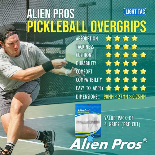 ALIEN PROS Pickleball Overgrip (4-Pack) with Ridges for Better Grip Control - Precut and Tac Feel Pickleball Grip Tape - Non-Slip Pickleball Paddle Grip Tape for High Performance (Ridged Ltac, Black)