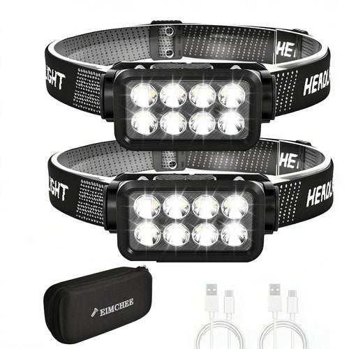 Elmchee Rechargeable Headlamp 2 Pack, 2500 Lumen Bright 8 LED Headlight, 10 Modes Adjustable Motion Sensor, USB-C Waterproof Head Flashlight, Outdoor Hiking Camping Fishing (8 Led Headlamp)