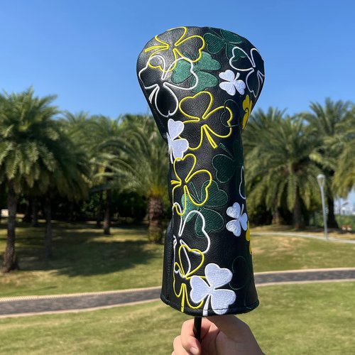 Lucky Shamrock Golf Driver Head Cover, Wood Headcover - Black Synthetic Leather Driver Headcover Golf Club Protective