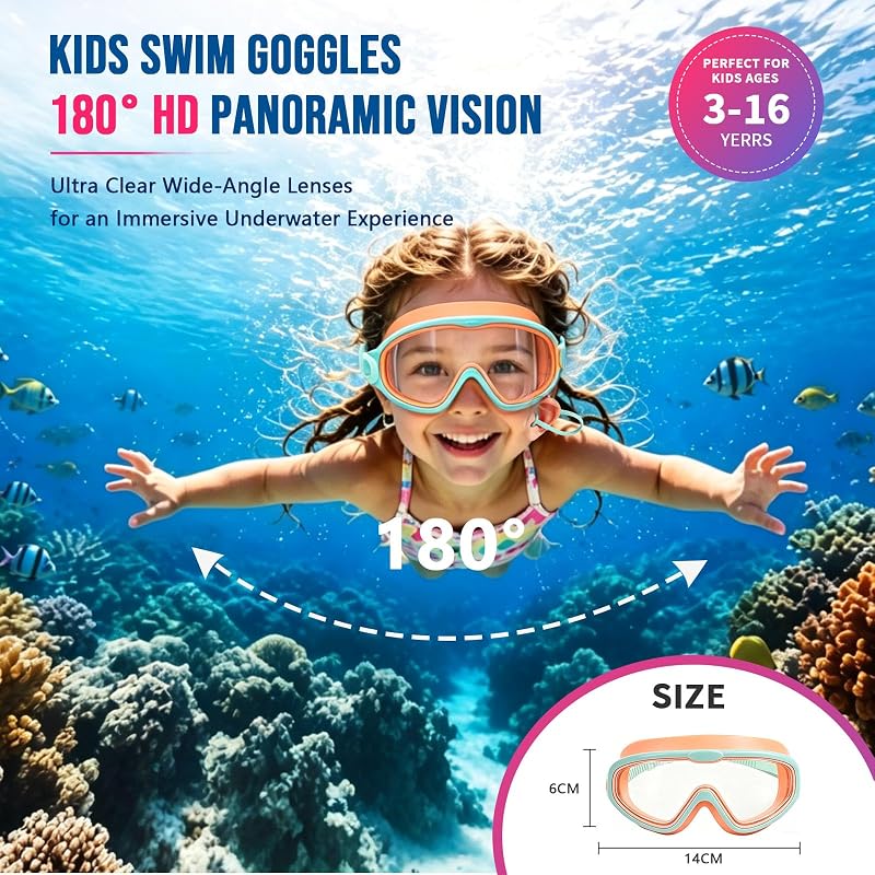 Kids Swim Goggles Anti-Fog Panoramic 180° View for Girls & Boys 3-16 – Pink/Green & Pink/White